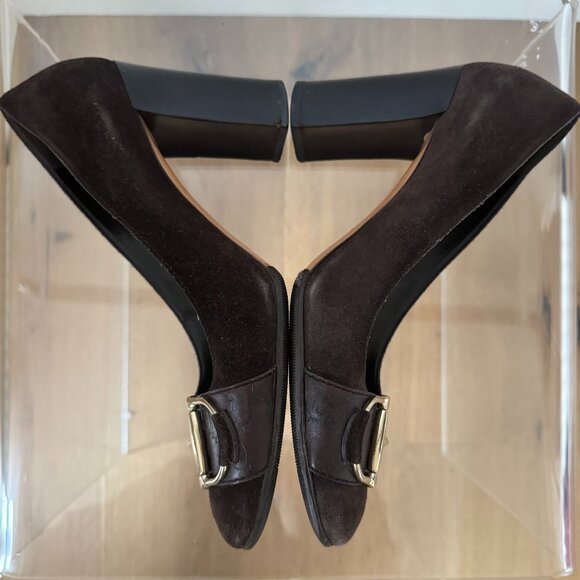 Gucci Vintage Horsebit Brown Suede Pumps Square Toe Block Heel Size 7 Resoled - Picture 5 of 16